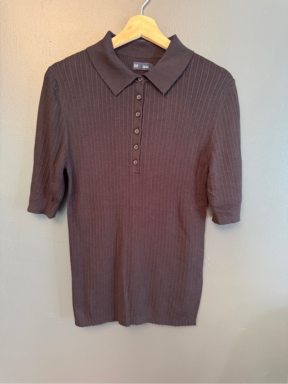 GAP Women’s Knit Ribbed Elbow Length-Sleeve Polo in Black NWT